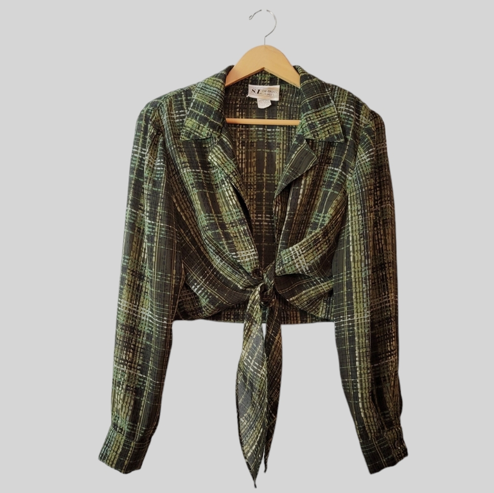 Vintage 70s 80s Plaid Green Brown Grunge  Hippie Disco Cropped Tie Front Blouse